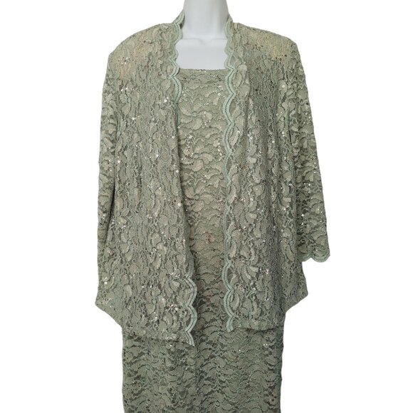 Women’s Alex Evenings 2-piece Maxi Dress Set XL Green Lace Sequins Jacket - Picture 11 of 16